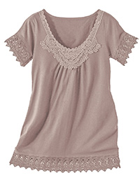 Blancheporte TAUPE Pure Cotton Crochet Trim Short Sleeve Top - Size 8/10 to 20/22 (EU 34/36 to 46/48)