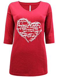 Blancheporte RED Pure Cotton 3/4 Sleeve Heart Top - Size 8/10 to 28 (EU 34/36 to 54)