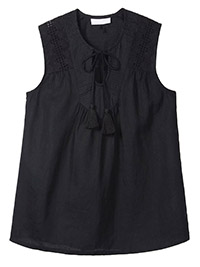 Wh1te Company BLACK Pure Linen Sleeveless Embroidered Tie Neck Top - Size 4 to 18
