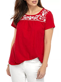 Kim Rogers RED Short Sleeve Embroidered Yoke Top - Size 8/10 to 24 (S to XXL)