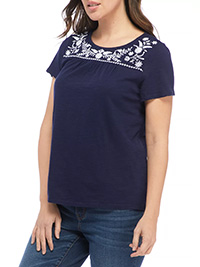 Kim Rogers NAVY Short Sleeve Embroidered Yoke Top - Size 8/10 to 24 (S to XXL)