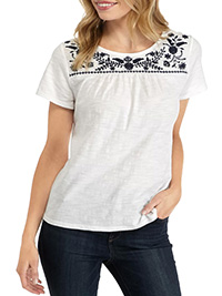 Kim Rogers WHITE Short Sleeve Embroidered Yoke Top - Size 8/10 to 24 (S to XXL)