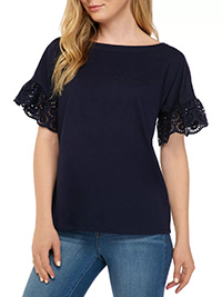 Kim Rogers NAVY Bell Sleeve Eyelet Top - Size 8/10 to 24 (S to XXL)