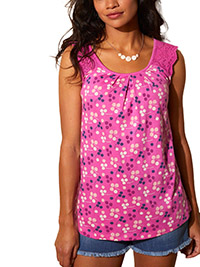 Blancheporte ROSE Cotton Blend Printed Sleeveless Broderie Trim Top - Size 6/8 to 26 (EU 34/36 to 54)