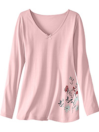 Blancheporte PALE-ROSE Pure Cotton Placement Print Long Sleeve Top - Size 6/8 to 26 (EU 34/36 to 54)