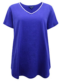 Kioane ROYAL-BLUE Pure Cotton Contrast Trim Short Sleeve Top - Plus Size 18/20 to 26/28 (46/48 to 54/56)