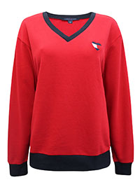 Tommy Hilfiger RED/NAVY Cotton Rich V-Neck Sweatshirt - Size XS to XXL
