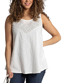 ULLA POPK3N IVORY Off White Lace Insert Round Neck Cotton Knit Tank Top - Plus Size 20/22 to 32/34 (US 16/18 to 28/30)