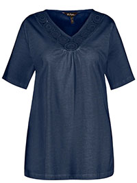 ULLA POPK3N NAVY Lace Trim V-Neck Cold Dye Tee - Plus Size 16/18 to 36/38 (US 12/14 to 32/34)