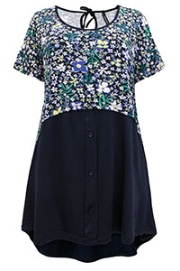 Yours Curvy NAVY Floral Print Panel Button Jersey Top - Plus Size 16 to 30/32