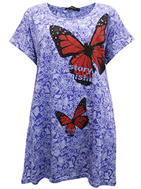 Yours Curvy BLUE Cotton Blend Butterfly Print Burnout T-Shirt - Plus Size 16 to 30/32