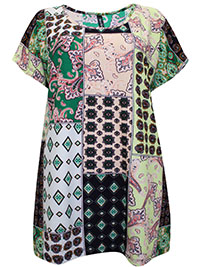Yours Curvy GREEN Patchwork Print Short Sleeve Top - Plus Size 16 to 30/32