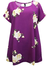 Yours Curvy PURPLE Floral Print Cap Sleeve Crepe Top - Plus Size 16 to 30/32