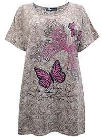 Yours Curvy MOCHA Cotton Blend Butterfly Print Burnout T-Shirt - Plus Size 16 to 24