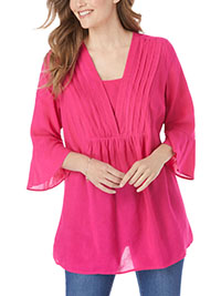 Woman Within HOT-PINK Bell Sleeve V-Neck Tunic - Plus Size 28/30 to 40/42 (US 2X to 5X)