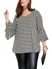 Jessica London BLACK Houndstooth Georgette Flare Blouse - Plus Size 14 to 30 (US 12W to 28W)