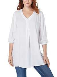 Woman Within WHITE 3/4 Sleeve Pleat Front Tunic - Plus Size 16/18 to 44/46 (US M to 6X)