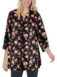 BLACK Floral 3/4 Sleeve Tab-Front Tunic - Plus Size 16/18 to 36/38 (US M to 4X)
