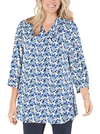 BLUE 3/4 Sleeve Tab-Front Tunic - Plus Size 20/22 to 40/42 (US L to 5X)