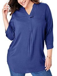 Woman Within COBALT 3/4 Sleeve Tab-Front Tunic - Plus Size 24/26 to 40/42 (US 1X to 5X)