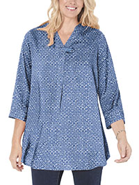 Woman Within BLUE 3/4 Sleeve Tab-Front Tunic - Plus Size 16/18 to 44/46 (US M to 6X)