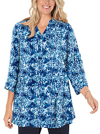 BLUE Navy Texture Tie Dye 3/4 Sleeve Tab-Front Tunic - Plus Size 16/18 to 36/38 (US M to 4X)