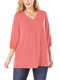 Woman Within PINK 3/4 Sleeve Pleat Front Tunic - Plus Size 24/26 to 44/46 (US 1X to 6X)