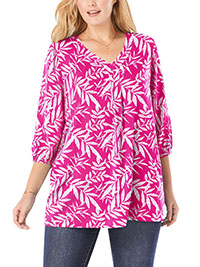 PINK Raspberry Sorbet Leaf 3/4 Sleeve Pleat Front Tunic - Plus Size 20/22 (US L)