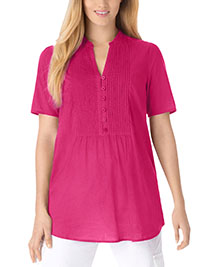 Woman Within PINK Pintucked Half-Button Tunic - Plus Size 16/18 to 40/42 (US M to 5X)