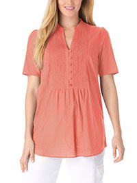 Woman Within PEACH Sweet Coral Pintucked Half-Button Tunic- Plus Size 16/18 to 32/34 (US M to 3X)