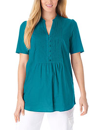 Woman Within TURQUOISE Pintucked Half-Button Tunic - Plus Size 16/18 to 36/38 (US M to 4X)