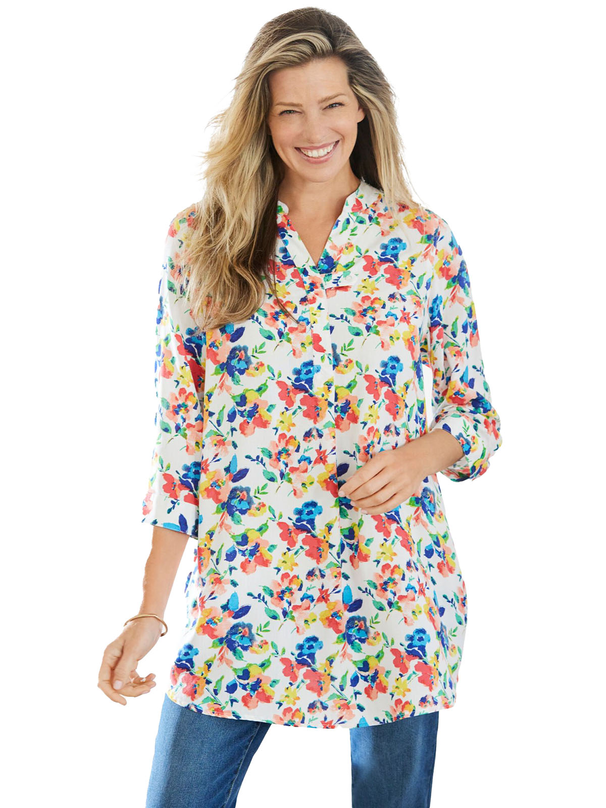Woman Within - - Woman Within WHITE Floral 3/4 Sleeve Tab-Front Tunic ...