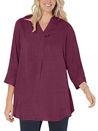 BURGUNDY 3/4 Sleeve Tab Front Tunic - Plus Size 16/18 to 44/46 (US L M to 6X)