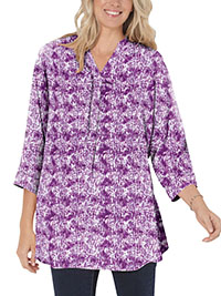 PURPLE Magenta Texture Tie Dye 3/4 Sleeve Tab Front Tunic - Plus Size 16/18 to 32/34 (US M to 3X)