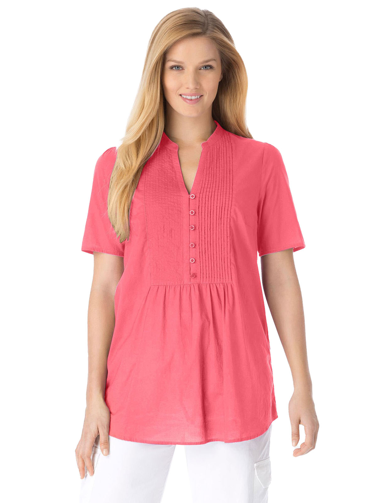 Woman Within - - Woman Within CORAL Pintucked Half Button Tunic - Plus ...