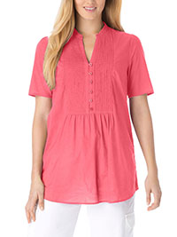 Woman Within CORAL Pintucked Half-Button Tunic - Plus Size 16/18 to 40/42 (US M to 5X)