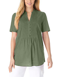 Woman Within OLIVE Pintucked Half-Button Tunic - Plus Size 16/18 to 36/38 (US M to 4X)