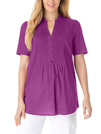 Woman Within MAGENTA Pintucked Half-Button Tunic - Plus Size 16/18 to 40/42 (US M to 5X)