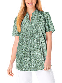 GREEN Floral Print Pintucked Half-Button Tunic - Plus Size 20/22 to 24/26 (US L to 1X)