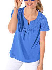 BLUE Pure Cotton Broderie Insert Short Sleeve Top - Size 6/8 to 22 (EU 34/36 to 50)
