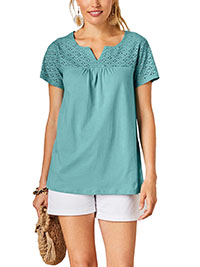 TURQUOISE Pure Cotton Broderie Insert Short Sleeve Top - Size 6/8 to 26 (EU 34/36 to 54)