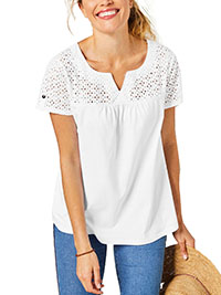 WHITE Pure Cotton Broderie Insert Short Sleeve Top - Size 6/8 to 18/20 (EU 34/36 to 46/48)