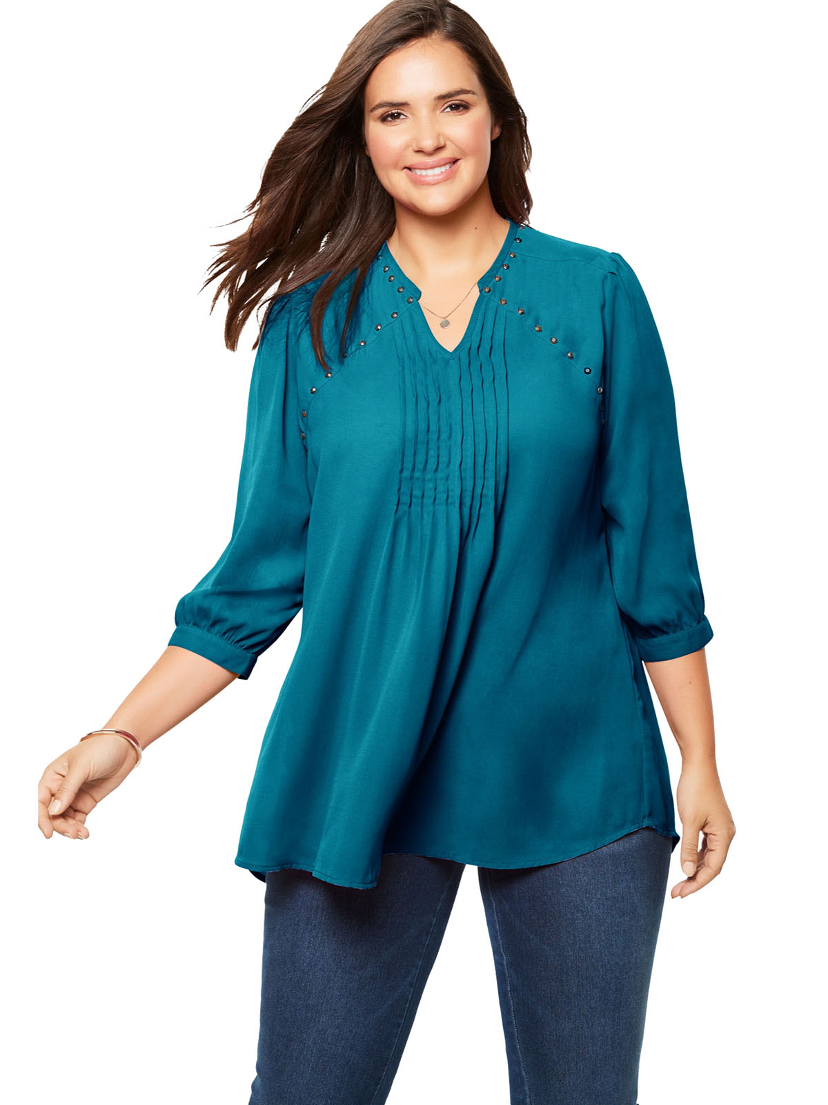 Woman Within - - Woman Within DARK-TEAL Studded Pintuck Blouse - Plus ...