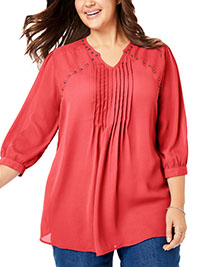 Woman Within CORAL Studded Pintuck Blouse - Plus Size 20/22 to 40/42 (US L to 5X)