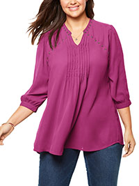 Woman Within MAGENTA Studded Pintuck Blouse - Plus Size 32/34 (US 3X)