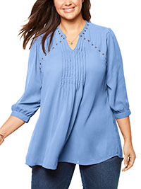 Woman Within BLUE Studded Pintuck Blouse - Plus Size 20/22 to 40/42 (US L to 5X)