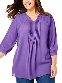 Woman Within PURPLE Studded Pintuck Blouse - Plus Size 16/18 to 24/26 (US M to 1X)