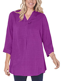 DARK-MAGENTA 3/4 Sleeve Tab-Front Tunic - Plus Size 20/22 to 28/30 (US L to 2X)
