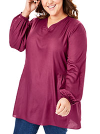 Woman Within PLUM V-Neck Cuffed Sleeve Top - Plus Size 28/30 to 40/42 (US 2X to 5X)