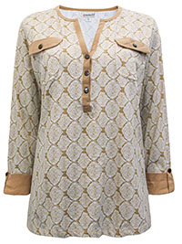 Damart CAMEL Cotton Rich Printed Henley Utility Top - Size 10 to 24